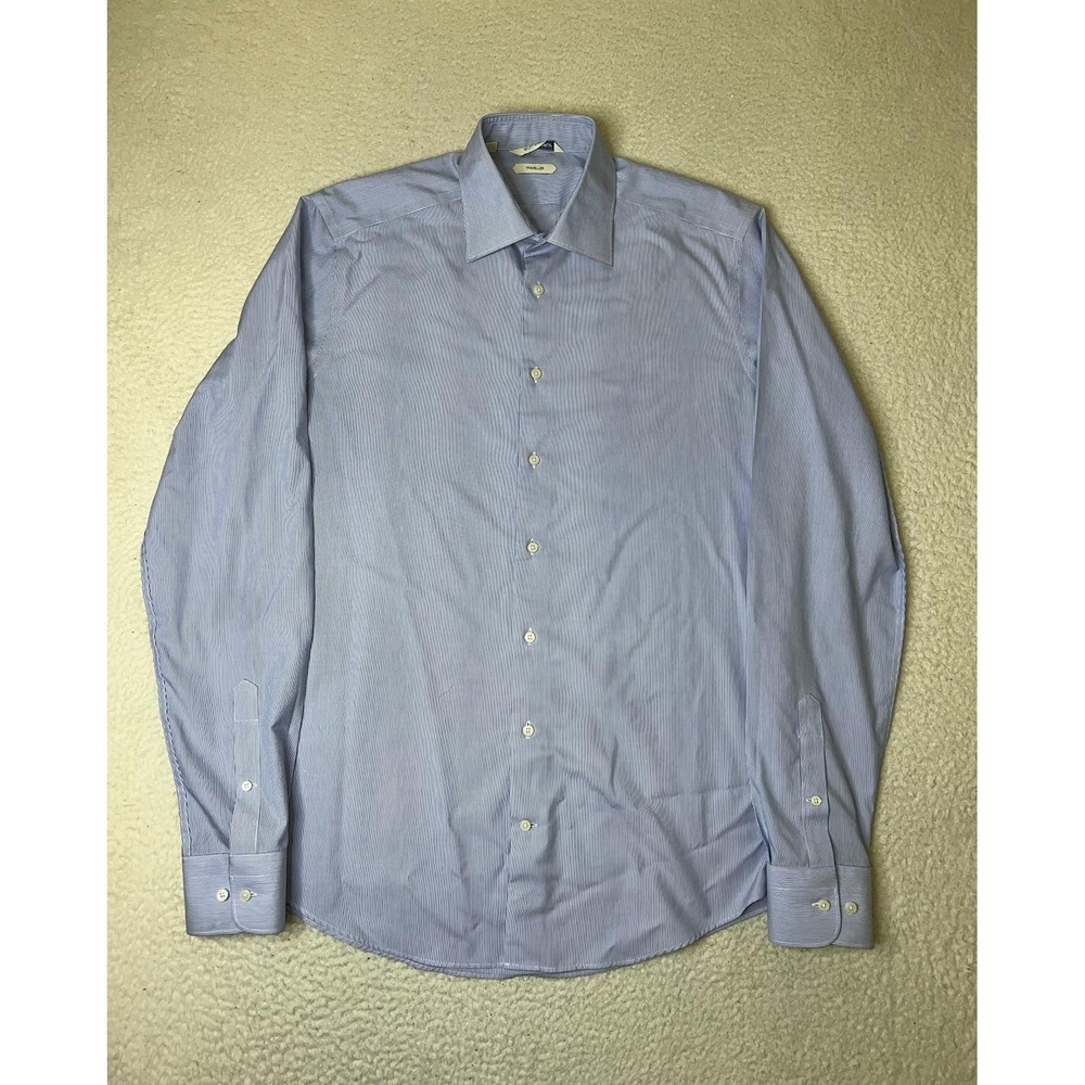 Suitsupply Dress Shirt Mens 16 Long Blue Pinstripe Traveller Slim Fit Cotton LS